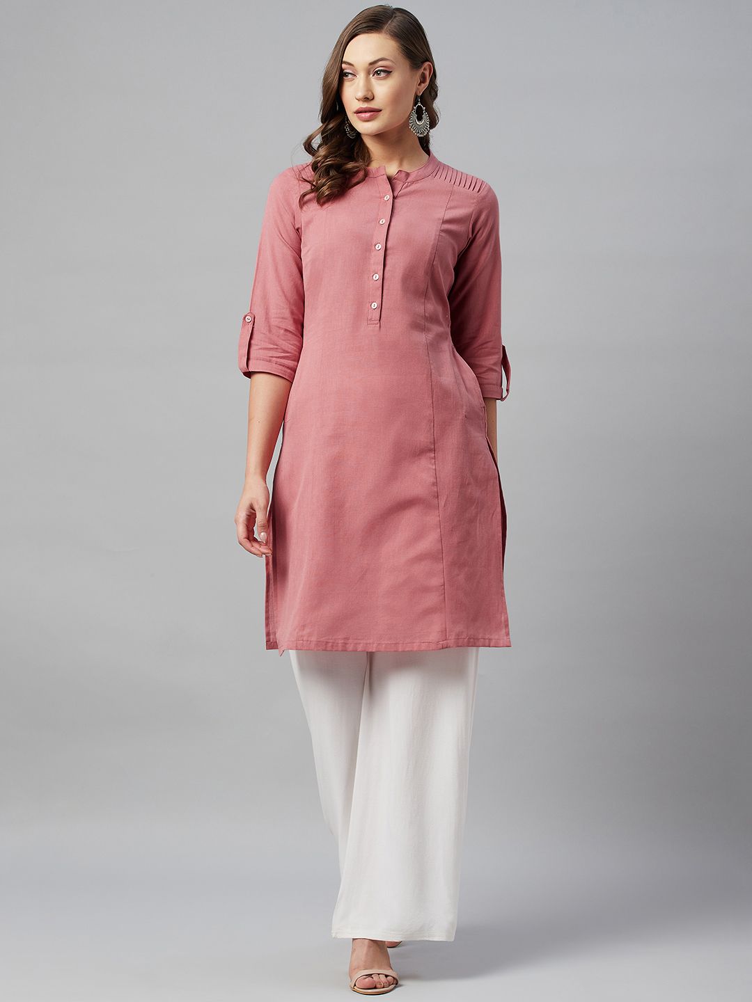 Ayaany Women Mauve Mandarin Collar Cotton Kurta Price in India