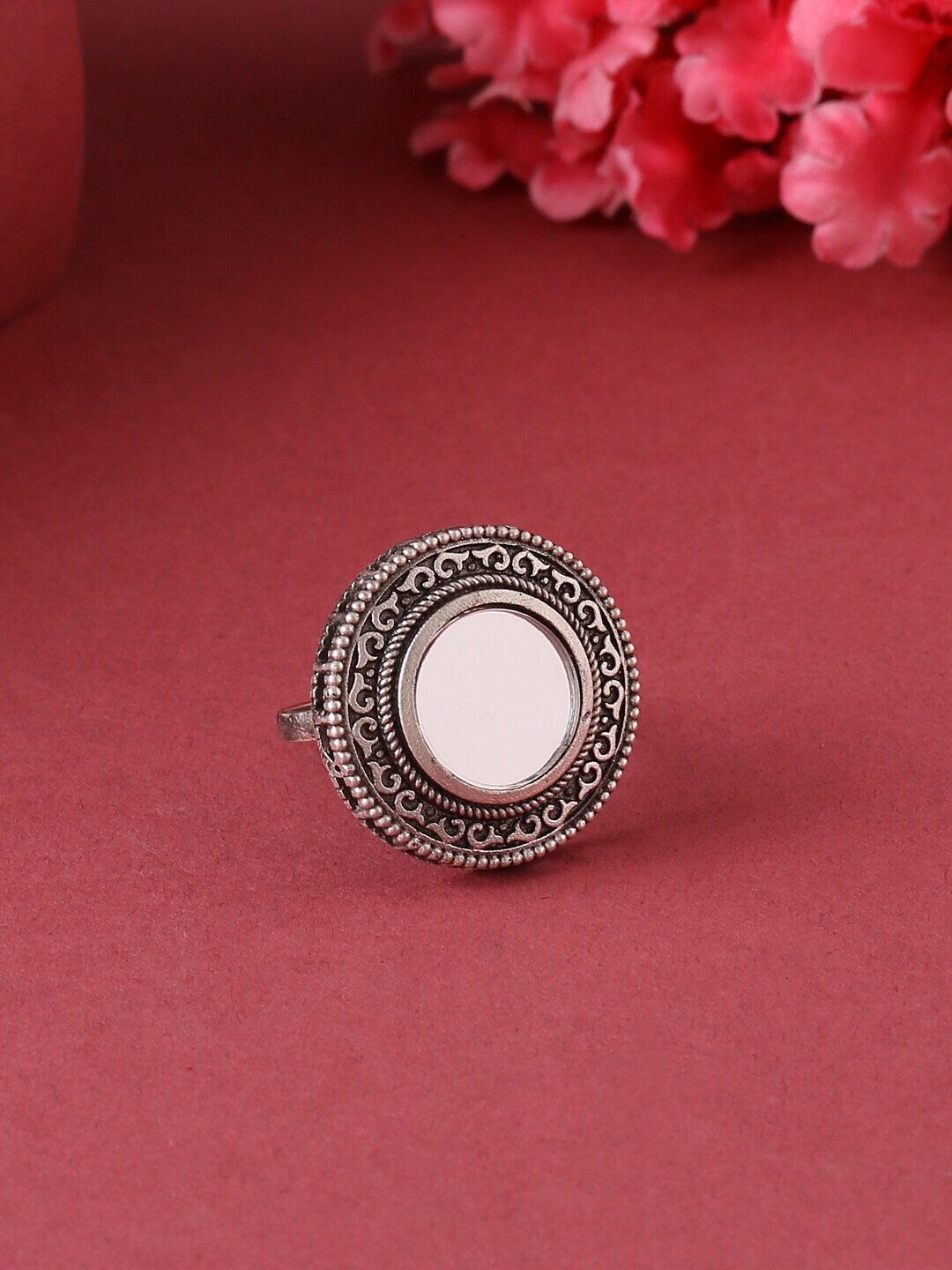 VIRAASI Oxidised Silver-toned Mirror-Studded Adjustable Finger Ring Price in India