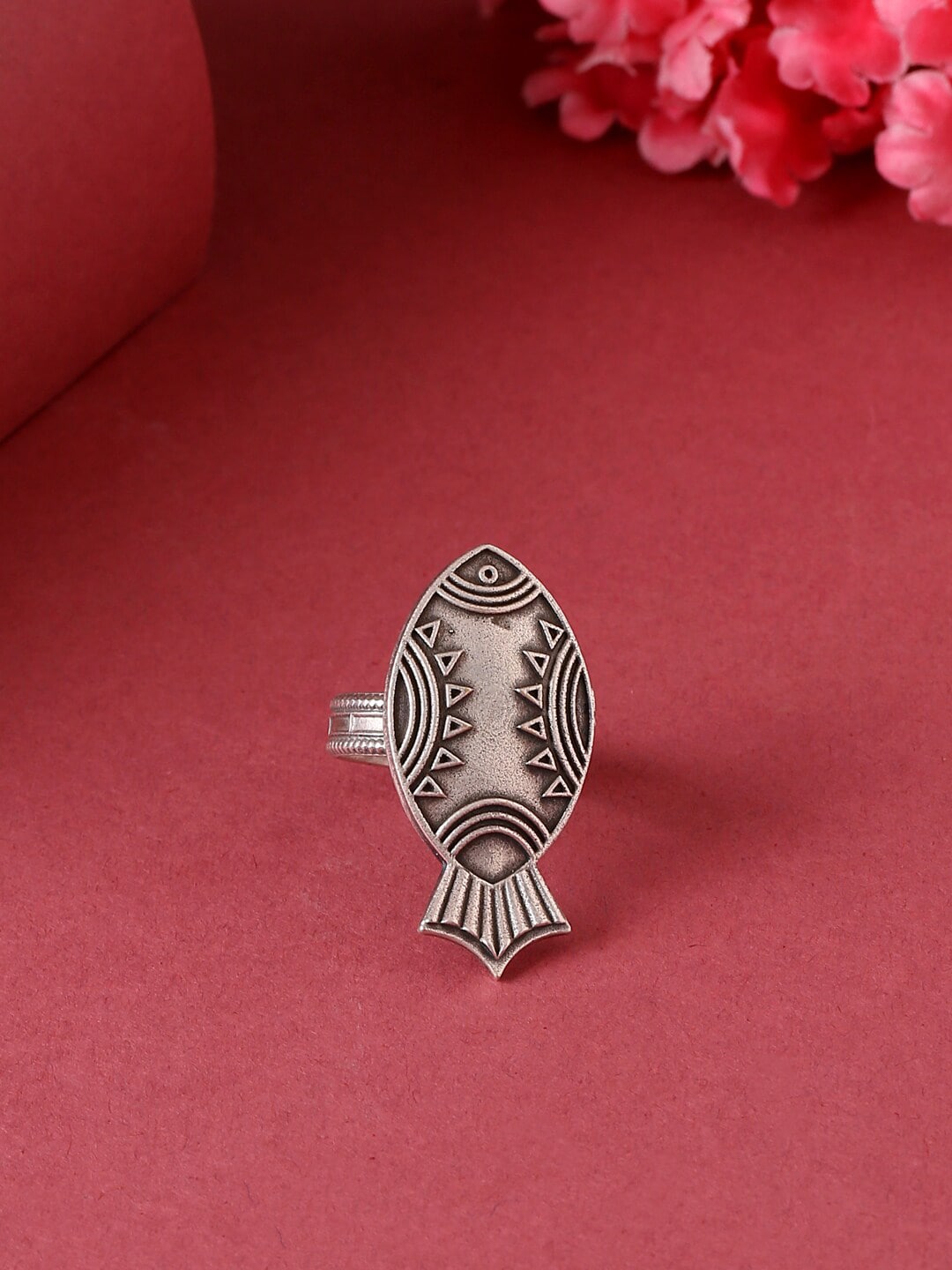 VIRAASI Silver-Toned Adjustable Oxidized Fish Design Finger Ring Price in India