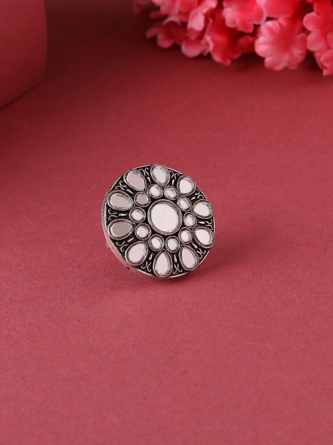 VIRAASI Oxidized Silver-Toned Mirror-Studded Adjustable Finger Ring Price in India