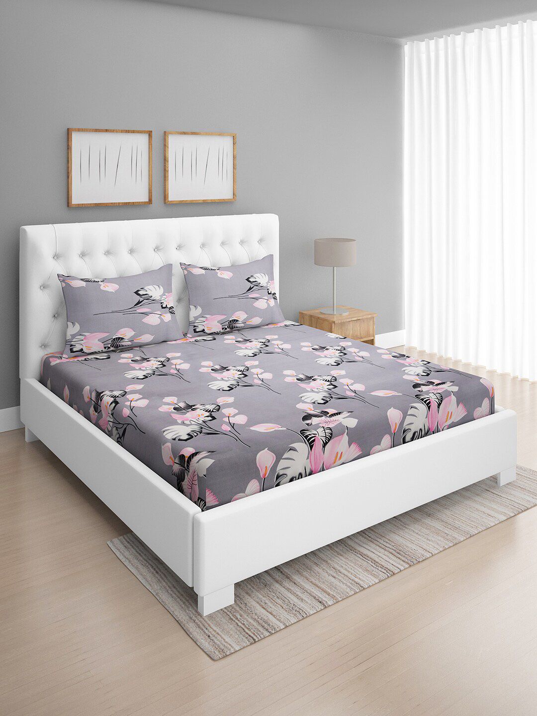 ROMEE Grey & Pink Floral Printed 144 TC Queen Bedsheet with 2 Pillow Covers Price in India