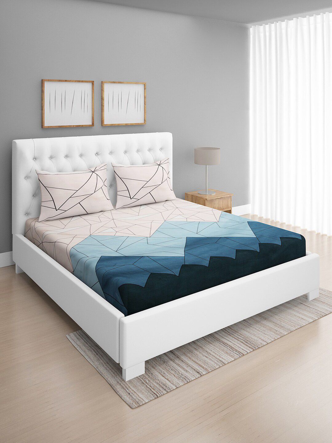 ROMEE Cream-Coloured & Blue Geometric 144 TC Queen Bedsheet with 2 Pillow Covers Price in India