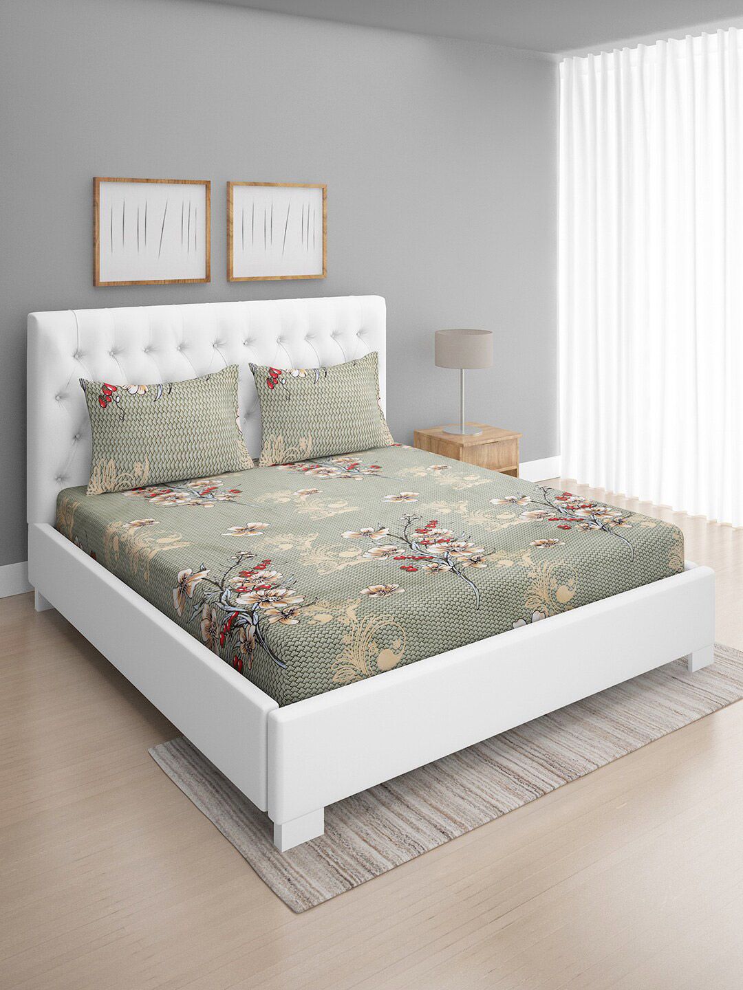 ROMEE Green & Beige Floral 144 TC Queen Bedsheet with 2 Pillow Covers Price in India