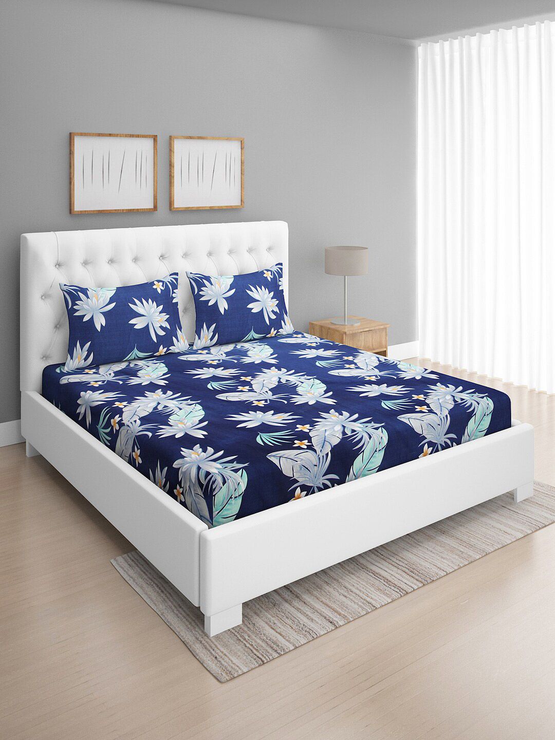 ROMEE Blue & Green Floral 144 TC Cotton Queen Bedsheet with 2 Pillow Covers Price in India