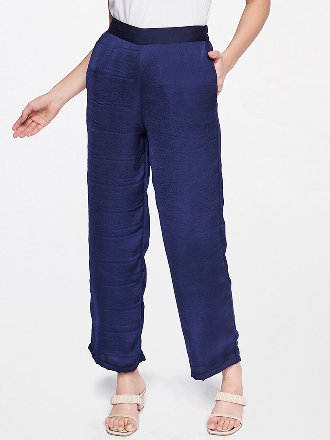 AND Women Navy Blue Relaxed Trousers Price in India