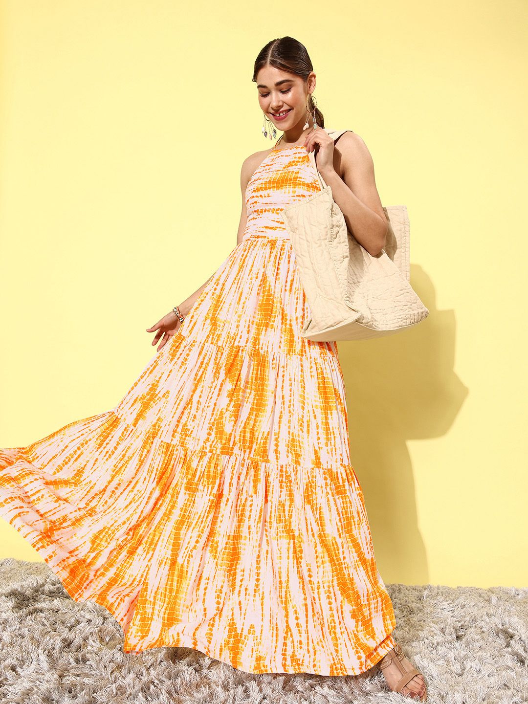 QUIERO Women Yellow & White Shibori Dyed Maxi Dress Price in India