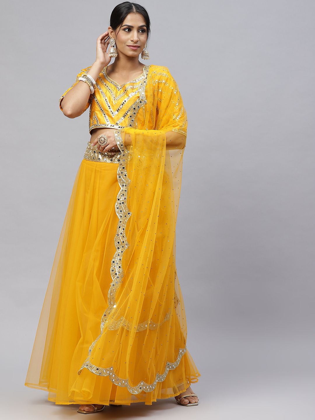 Readiprint Fashions Mustard Yellow Mirror Work Unstitched Lehenga & Blouse With Dupatta Price in India