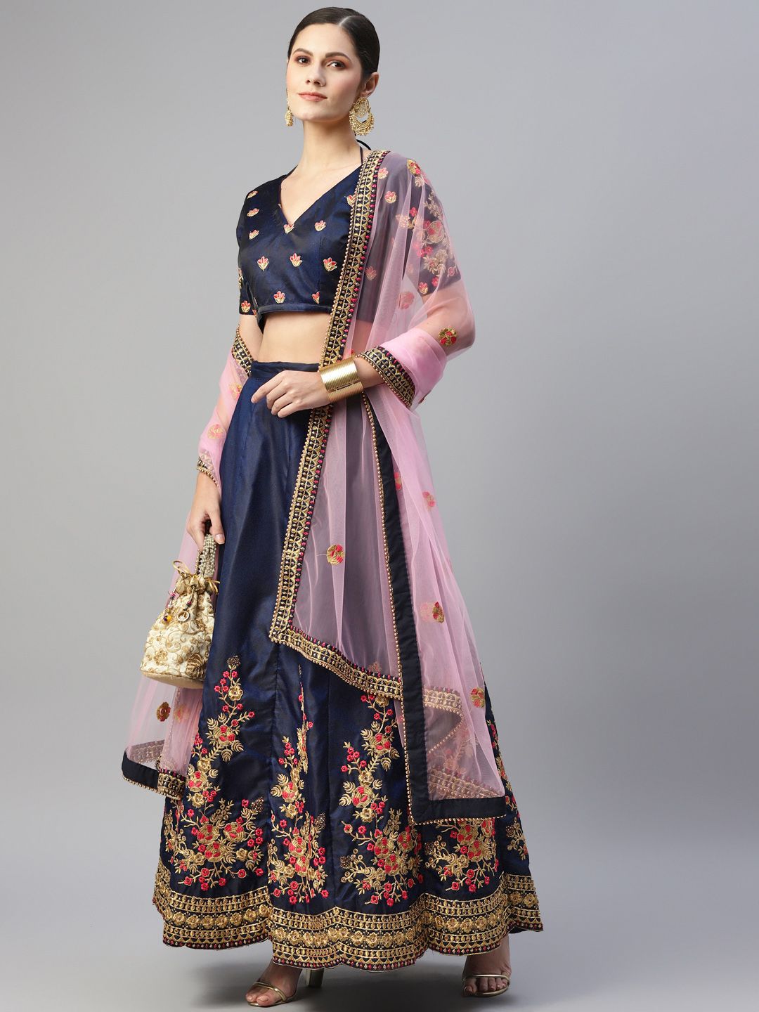 Readiprint Fashions Navy Blue & Pink Embroidered Unstitched Lehenga & Blouse With Dupatta Price in India
