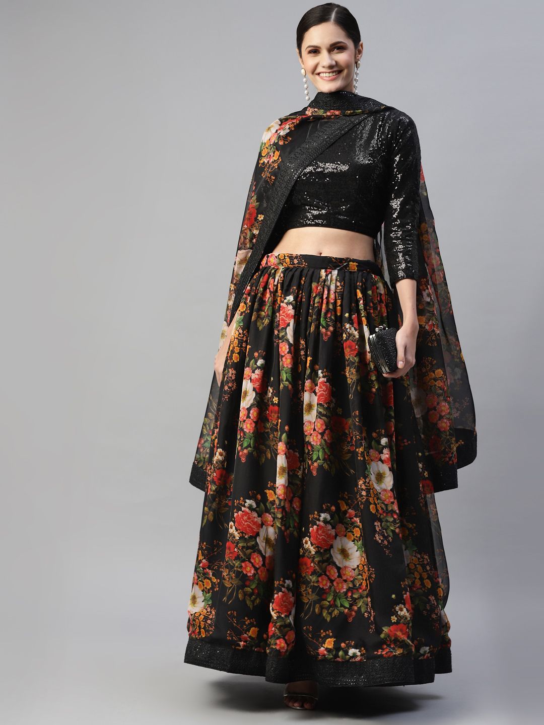 Readiprint Fashions Black & Pink Embellished Sequinned Unstitched Lehenga & Blouse With Dupatta Price in India