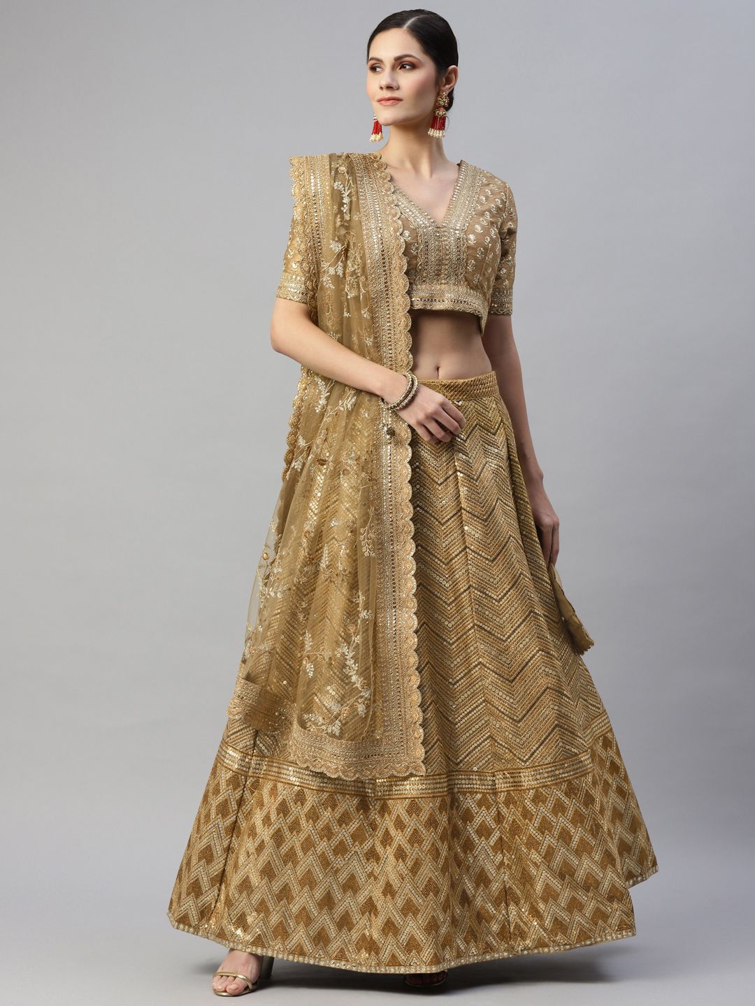 Readiprint Fashions Beige Embroidered Sequinned Unstitched Lehenga & Blouse With Dupatta Price in India