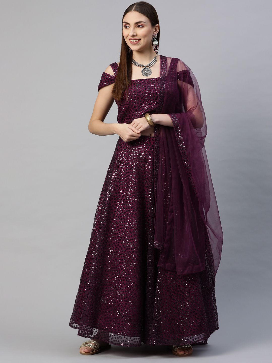 Readiprint Fashions Burgundy Embroidered Sequinned Unstitched Lehenga & Blouse With Dupatta Price in India
