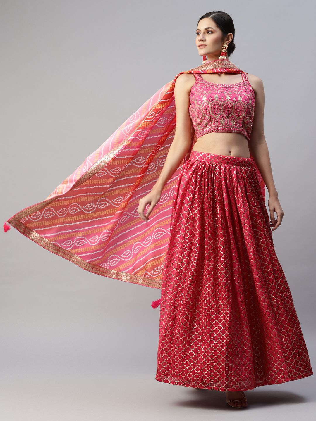 Readiprint Fashions Pink Embroidered Sequinned Unstitched Lehenga & Blouse With Dupatta Price in India