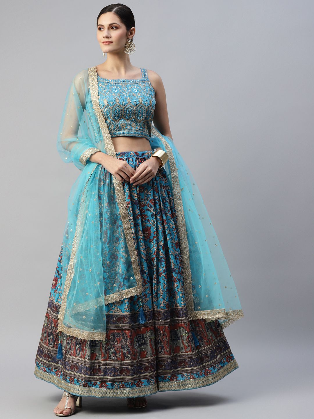 Readiprint Fashions Turquoise Blue & Golden Embroidered Sequinned Unstitched Lehenga Set Price in India