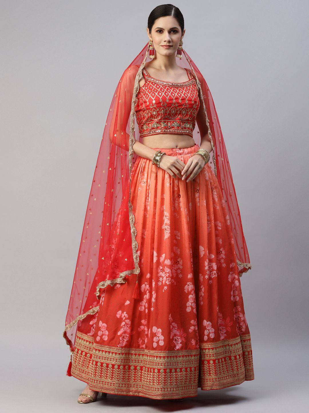 Readiprint Fashions Red Embroidered Sequinned Unstitched Lehenga & Blouse With Dupatta Price in India