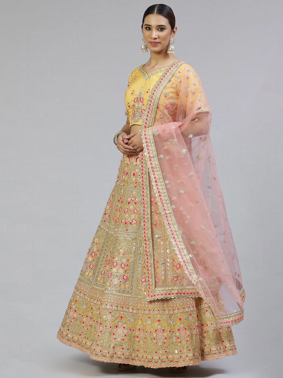 Readiprint Fashions Yellow & Pink Embroidered Unstitched Lehenga & Blouse With Dupatta Price in India