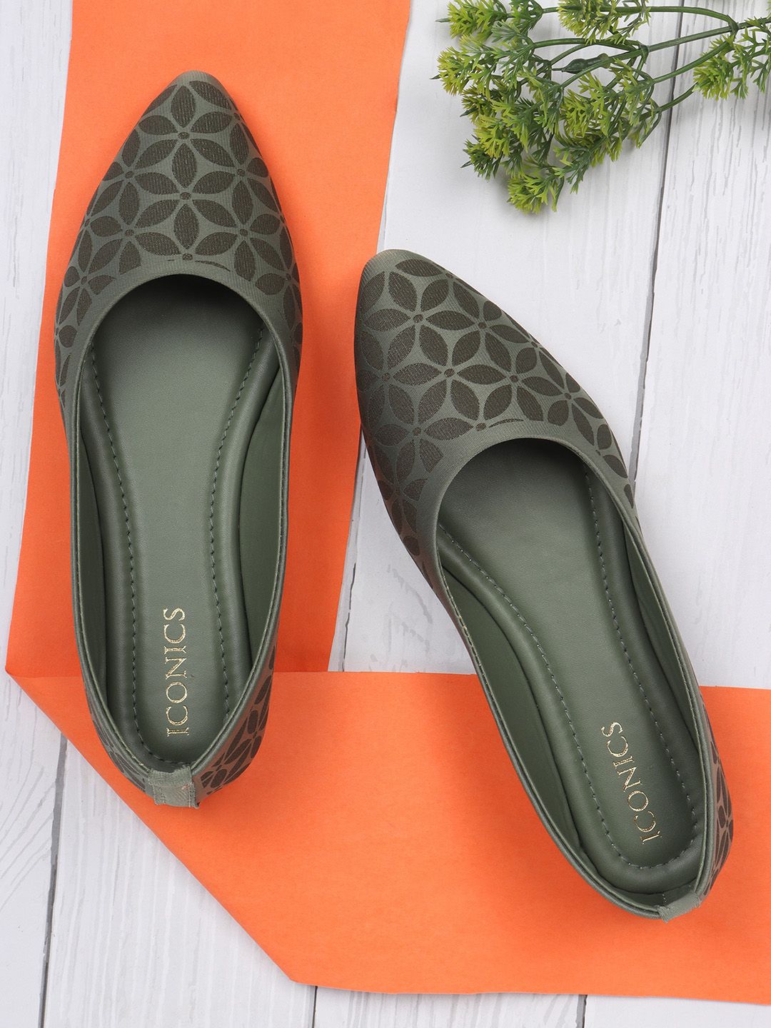 ICONICS Women Olive Green Embroidered Flats Price in India