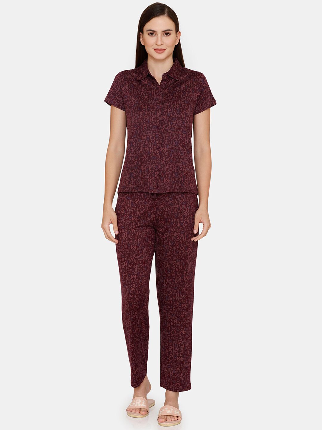 Zivame Women Maroon Printed Night Suit Price in India