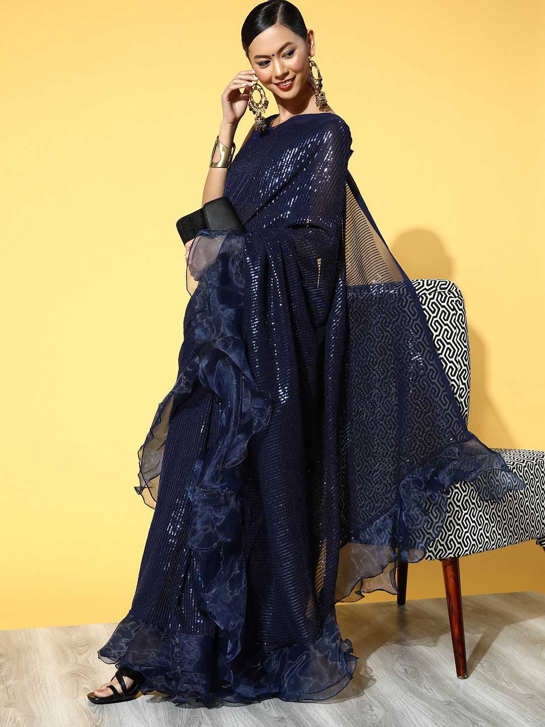 Mitera Navy Blue Embellished Sequinned Pure Georgette Saree Price in India