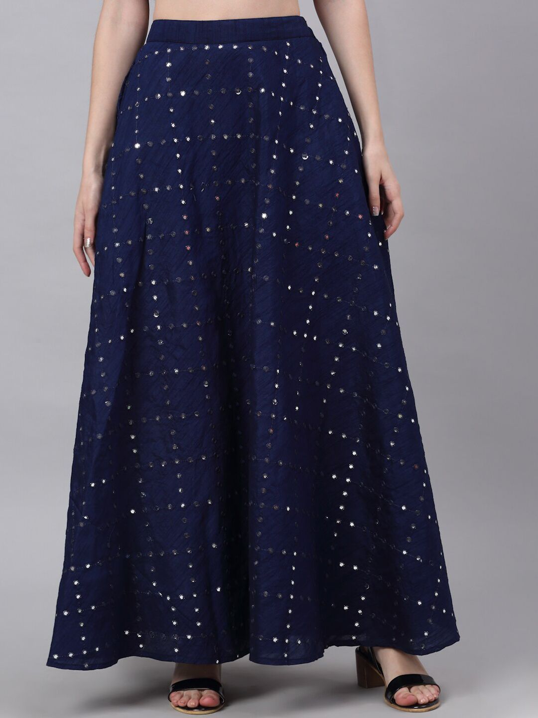 NEUDIS Women Navy Blue Mirror Work Dupion Silk Flared Maxi Lehenga Skirt