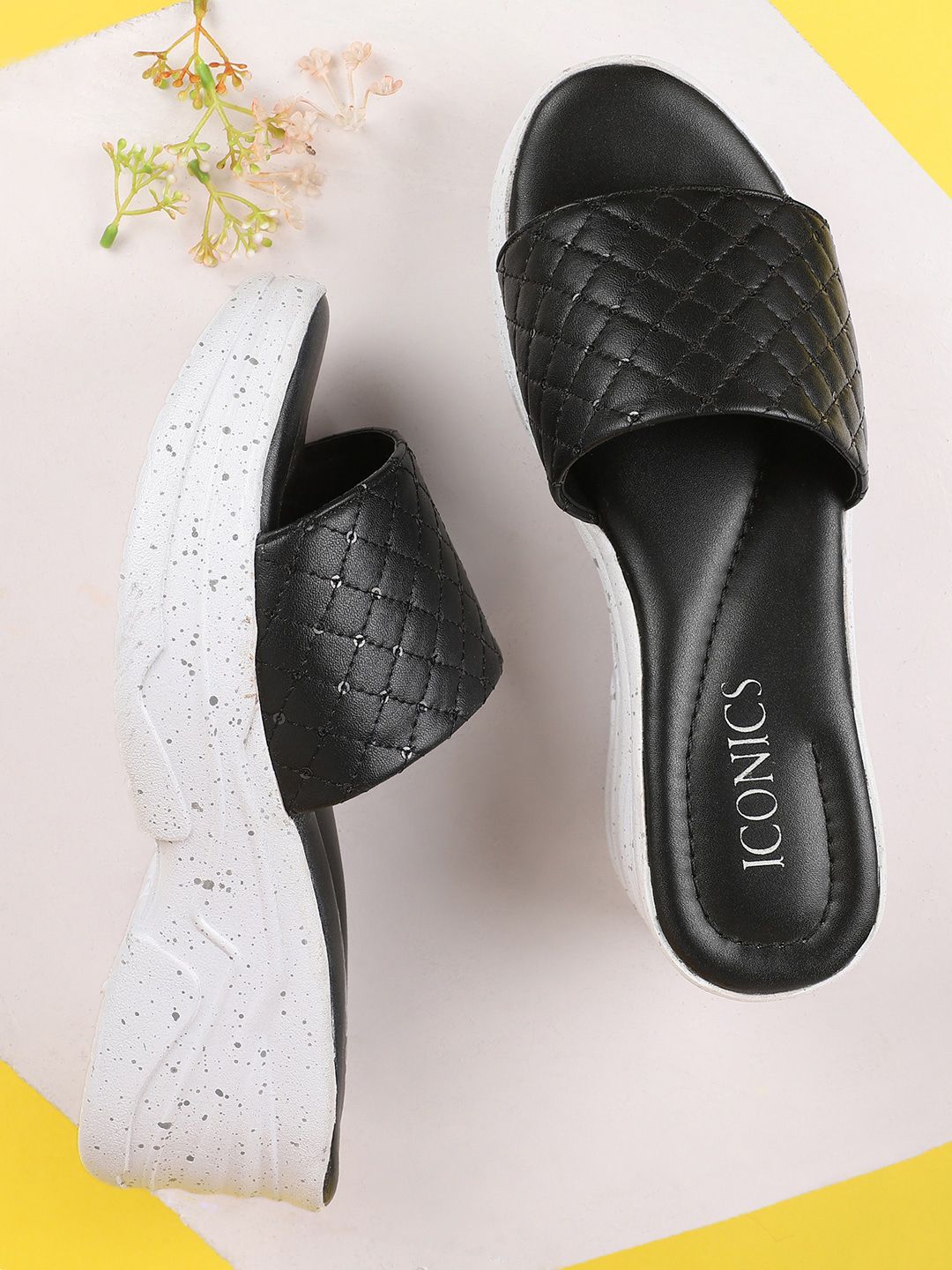 ICONICS Black Textured Flatform Sandals Price in India