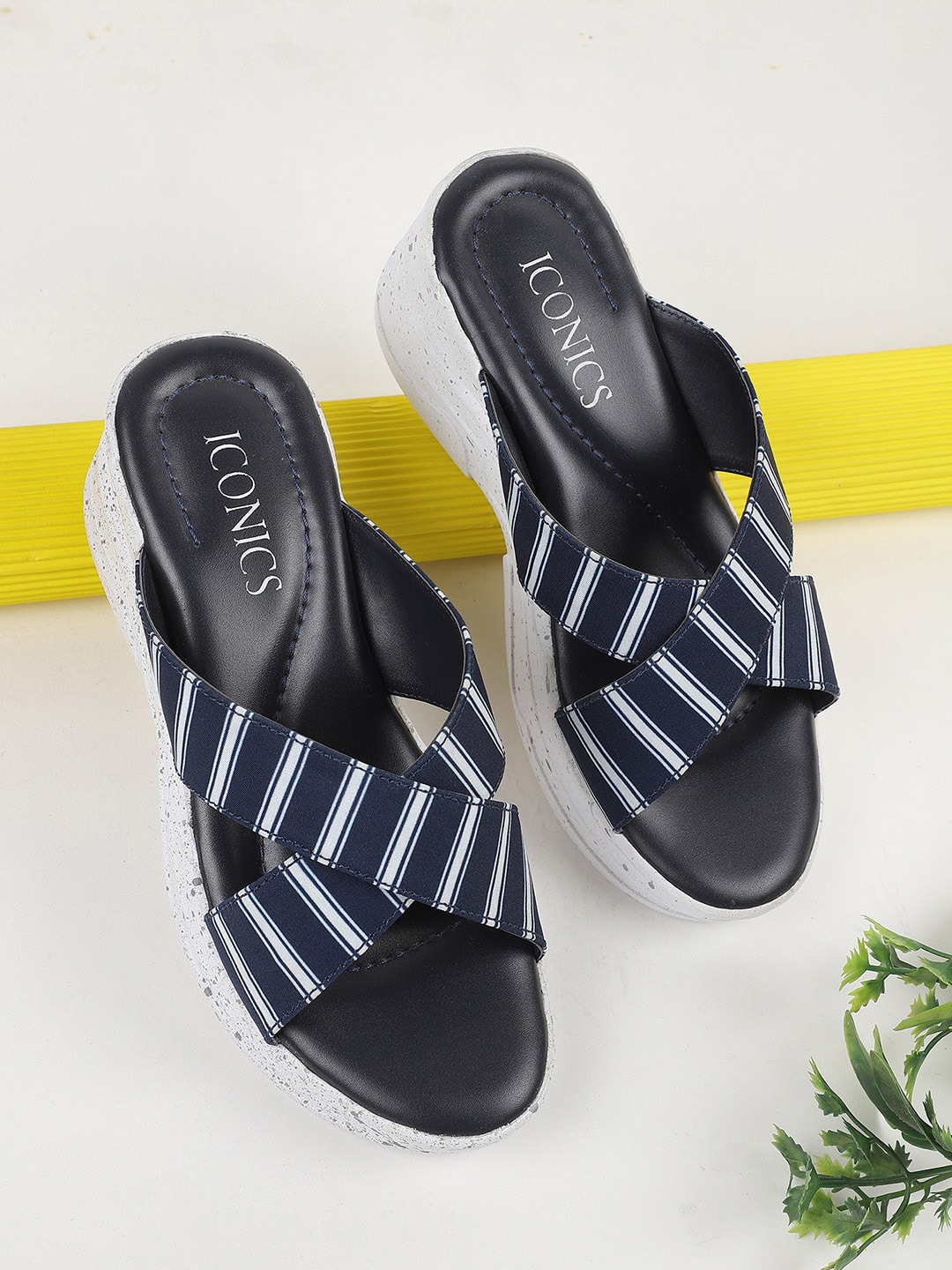 ICONICS Navy Blue & Black Striped Platform Sandals Price in India