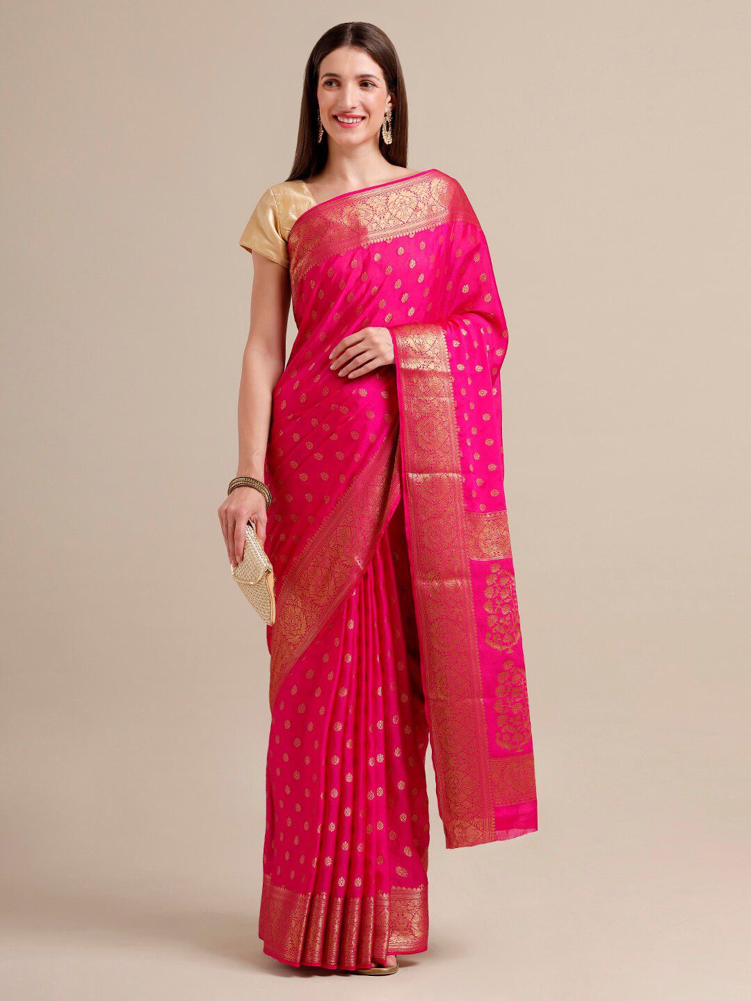 SAMITTE Pink & Golden Woven Design Zari Saree Price in India