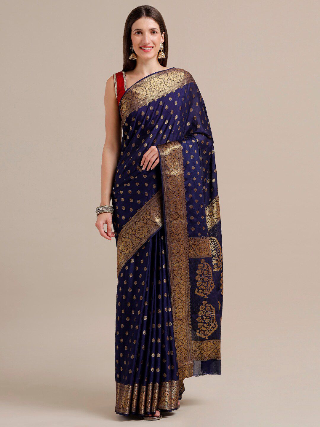 SAMITTE Navy Blue & Gold-Toned Woven Design Zari Khadi Saree Price in India