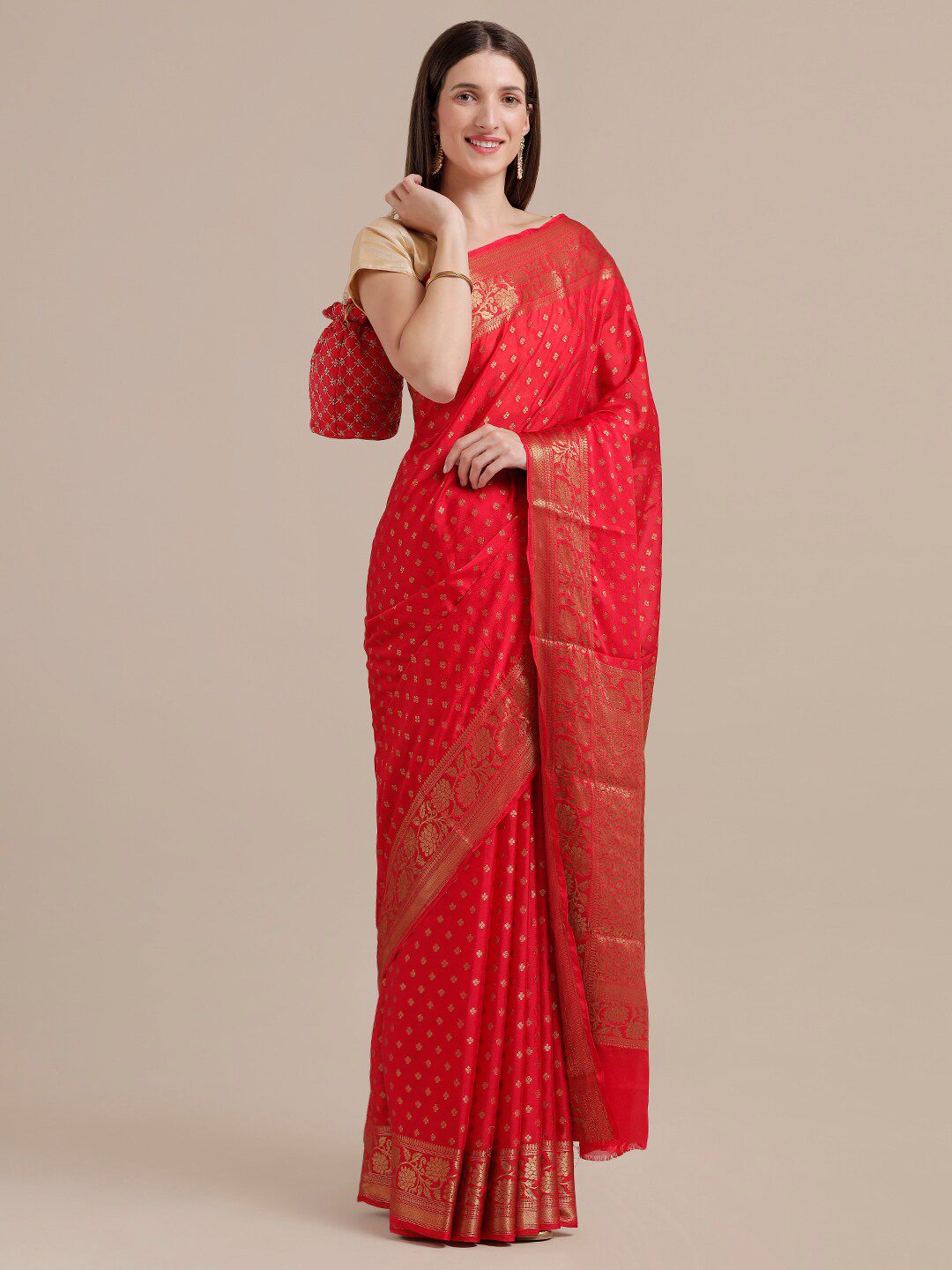 SAMITTE Red & Gold-Toned Woven Design Khadi Saree Price in India