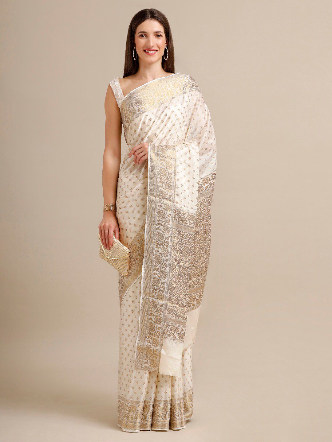 SAMITTE White & Gold-Toned Woven Design Zari Khadi Saree Price in India