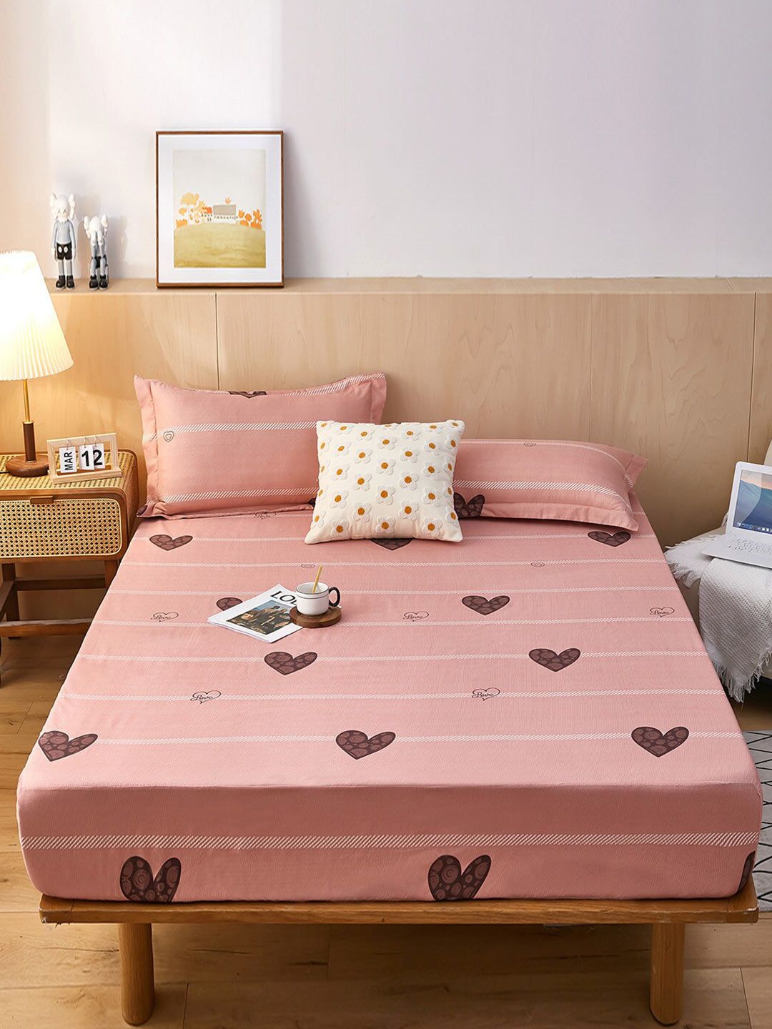 JC Collection Pink & Brown 160 TC Fitted Queen Bedsheet Price in India