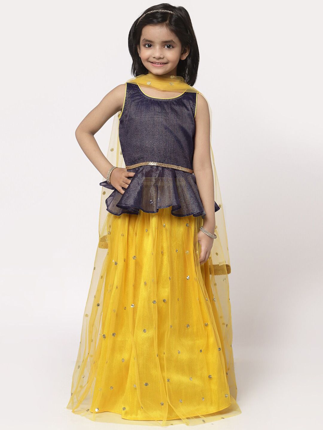 studio rasa Girls Yellow & Black Sequinned Ready to Wear Lehenga & Blouse With Dupatta