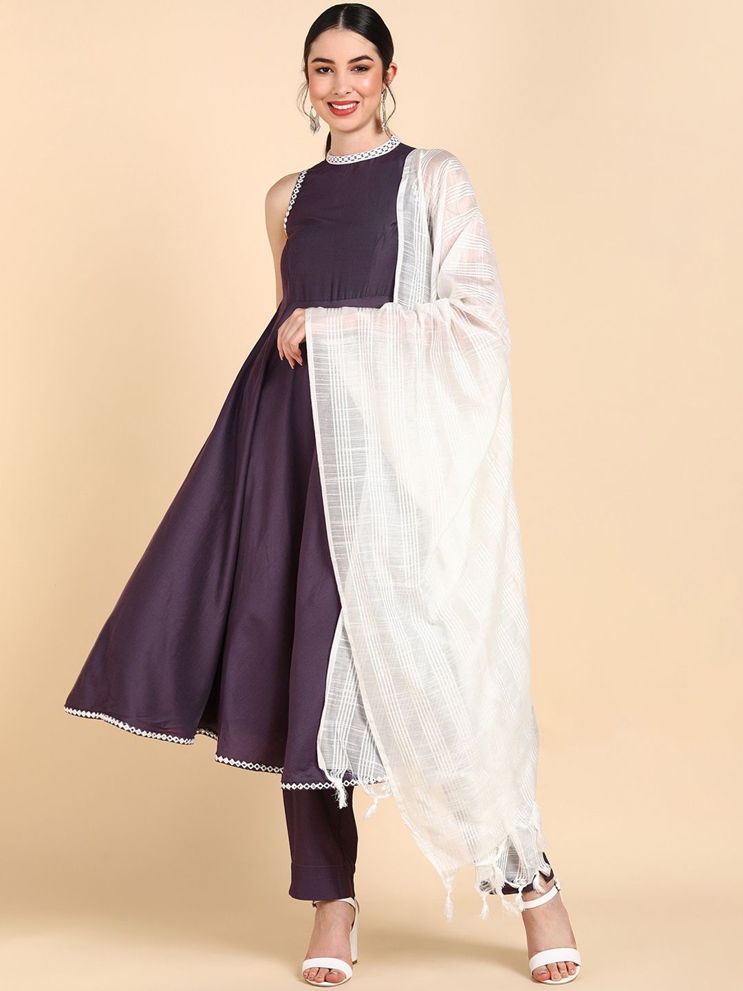 AHIKA Women Lavender & White Kurta with Trousers & With Dupatta Price in India