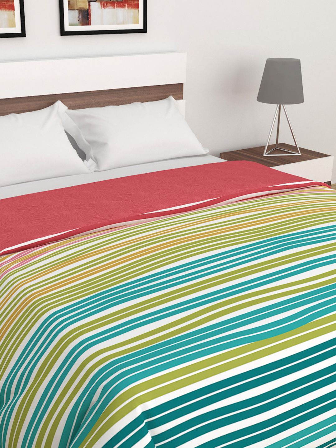Home Centre Red & Multicoloured Striped AC Room 150 GSM Double Bed Comforter Price in India