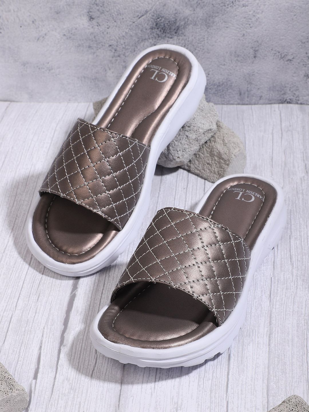 Carlton London sports Women Copper-Toned & White Sliders Price in India