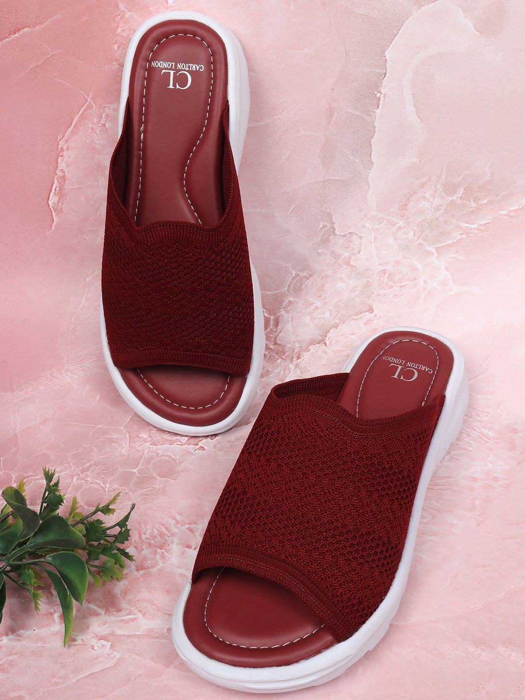 Carlton London sports Women Maroon & White Sliders Price in India