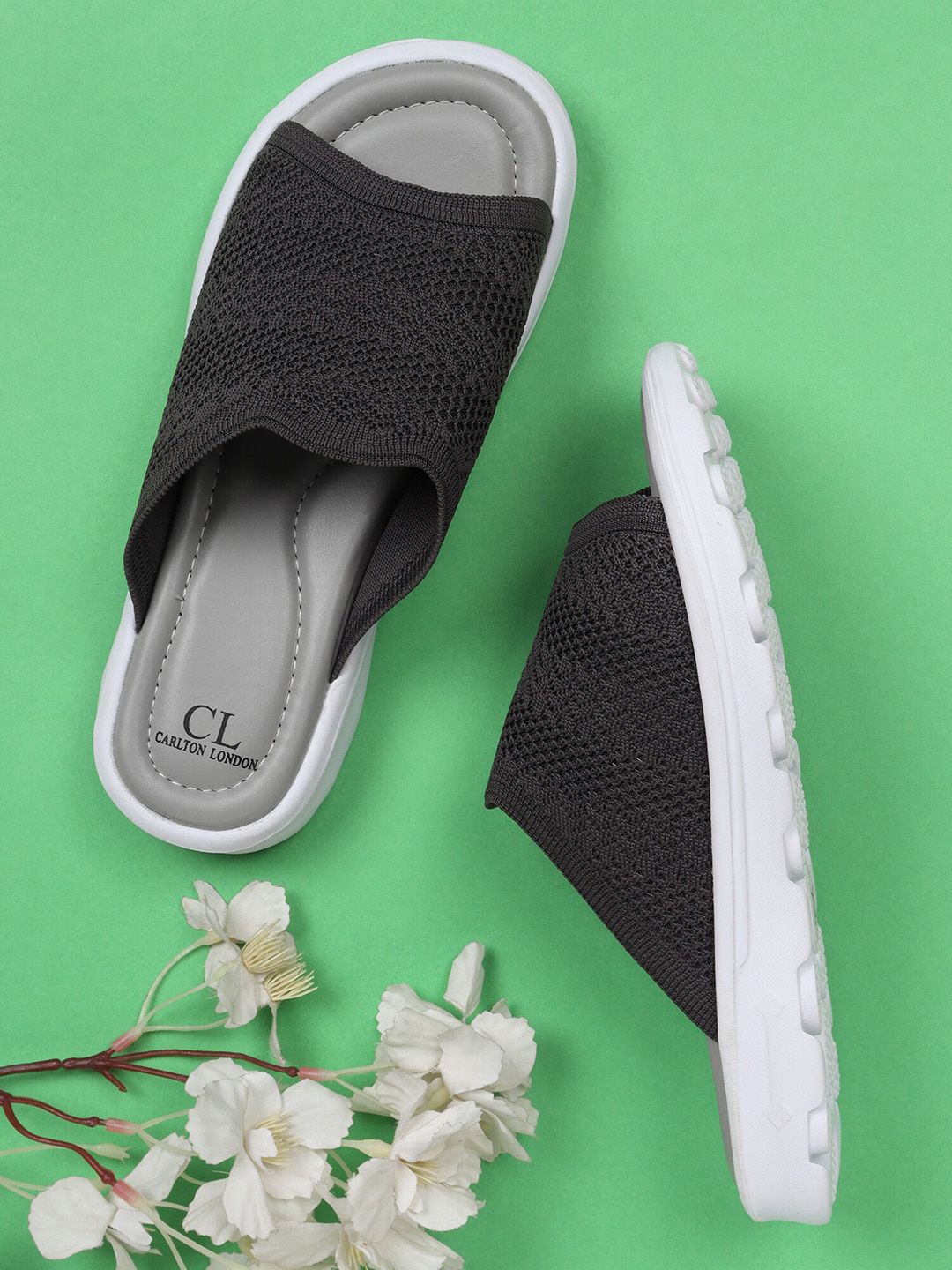 Carlton London sports Women Grey & White Self Design Sliders Price in India