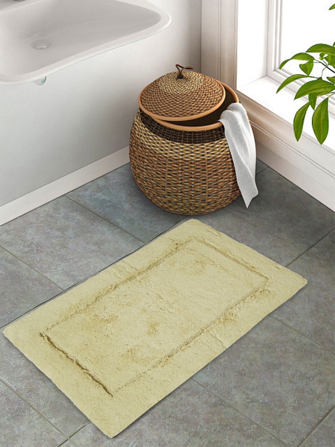 SPACES Yellow Solid 2050 GSM Rectangular Bath Rug Price in India