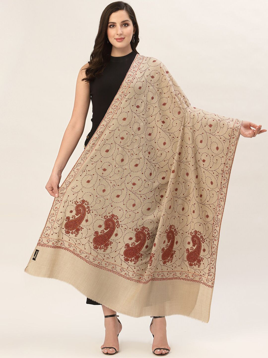 Pashtush Women Beige & Red Embroidered Woolen Shawl Price in India