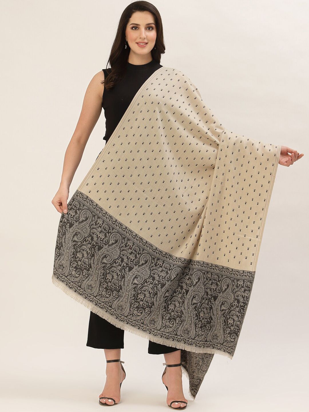 Pashtush Women Black & Beige Woven Design Wool Shawl Price in India