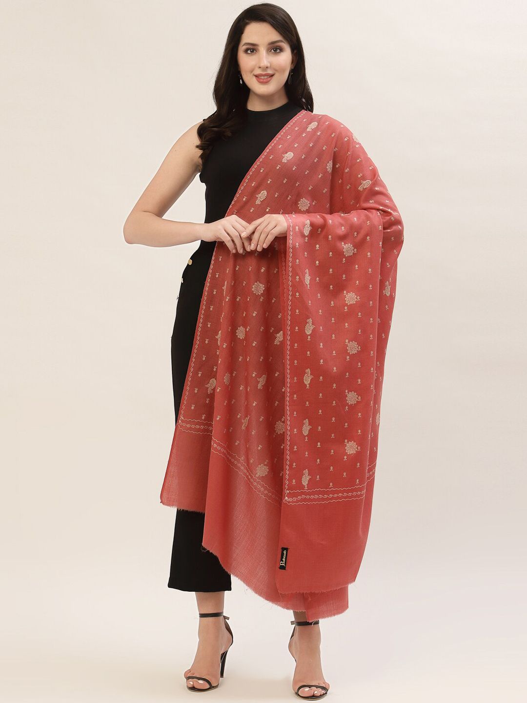 Pashtush Women Rose & Off White Printed Wool Shawl Price in India