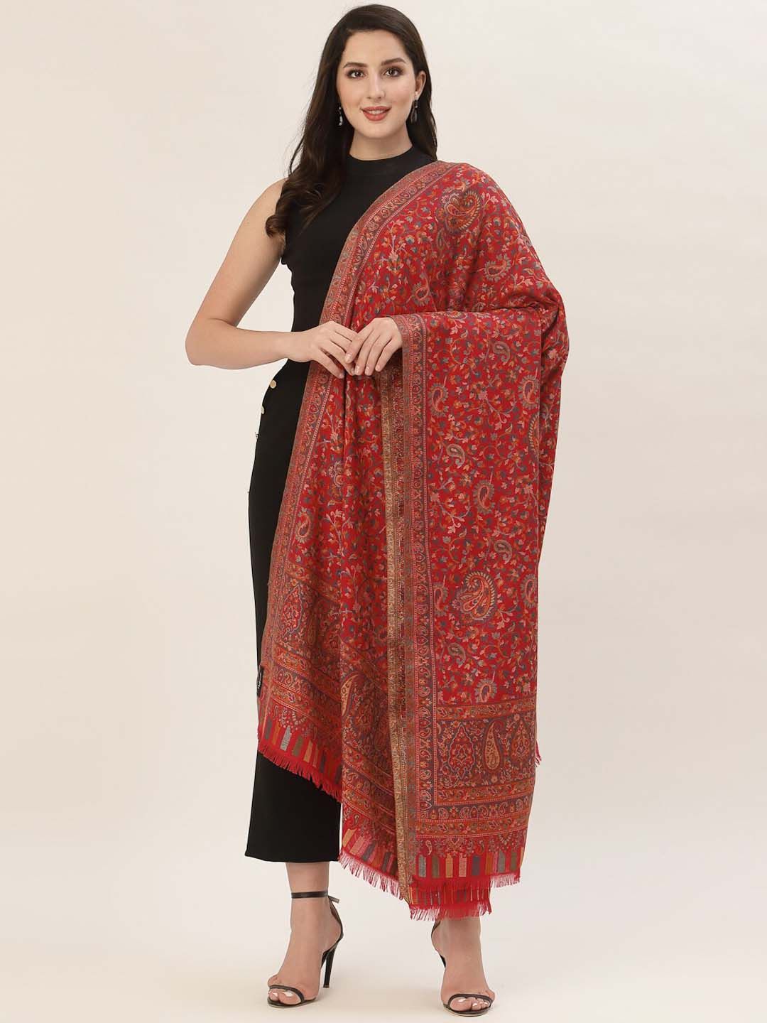 Pashtush Women Red Embroidered Woolen Shawl Price in India