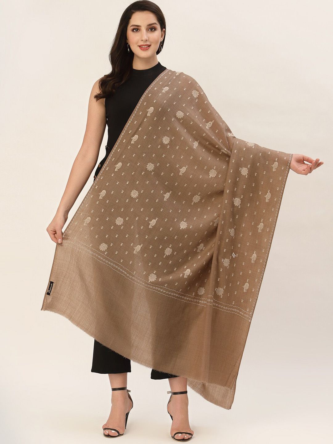 Pashtush Women Taupe-Brown & Beige Embroidered Pure Woolen Shawl Price in India
