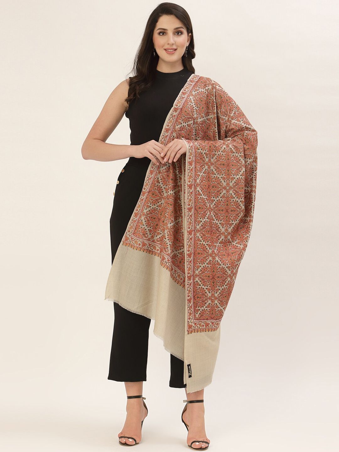 Pashtush Women Taupe & Beige Printed Wool Shawl Price in India