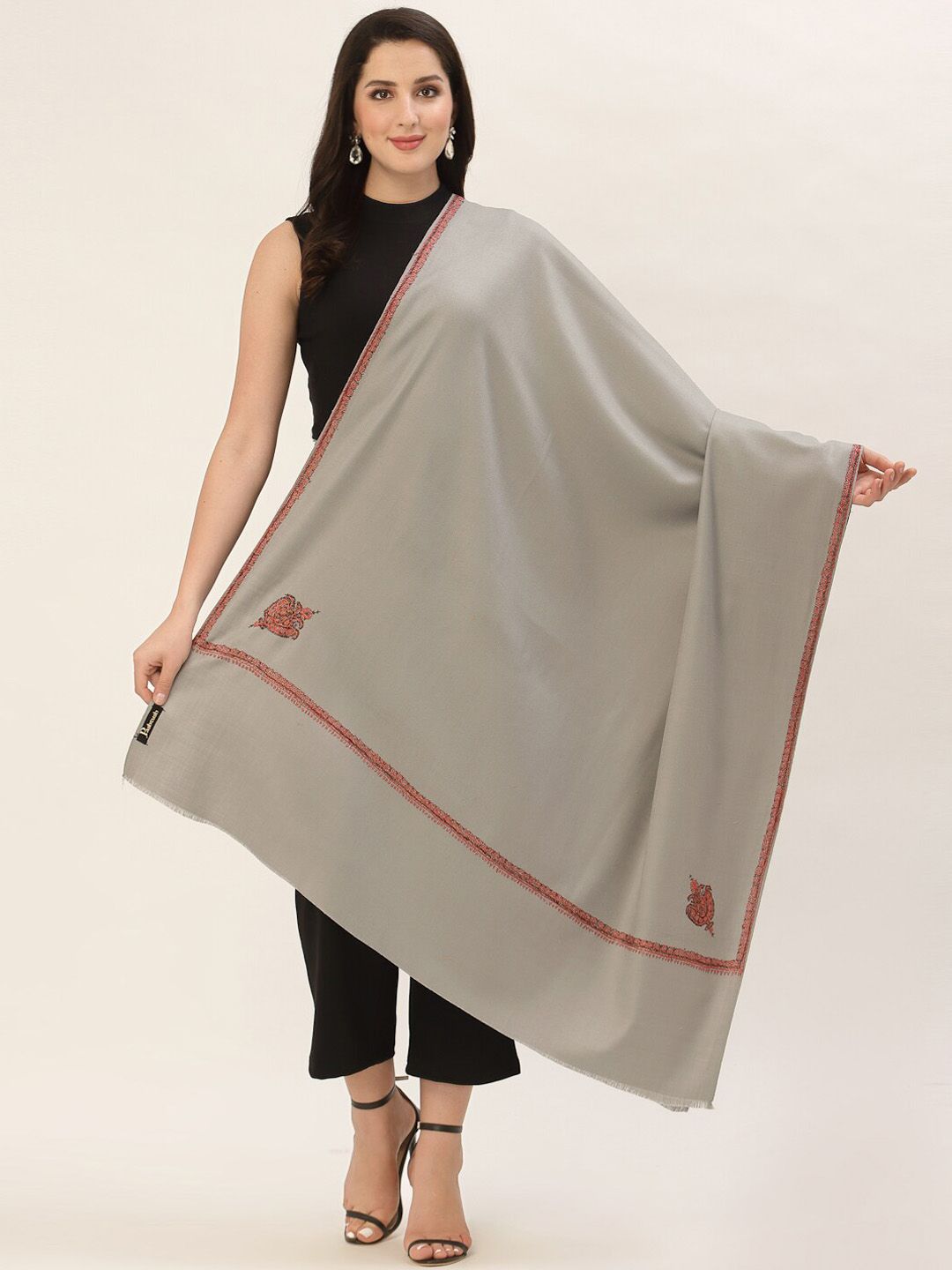 Pashtush Women Grey Embroidered Wool Shawl Price in India