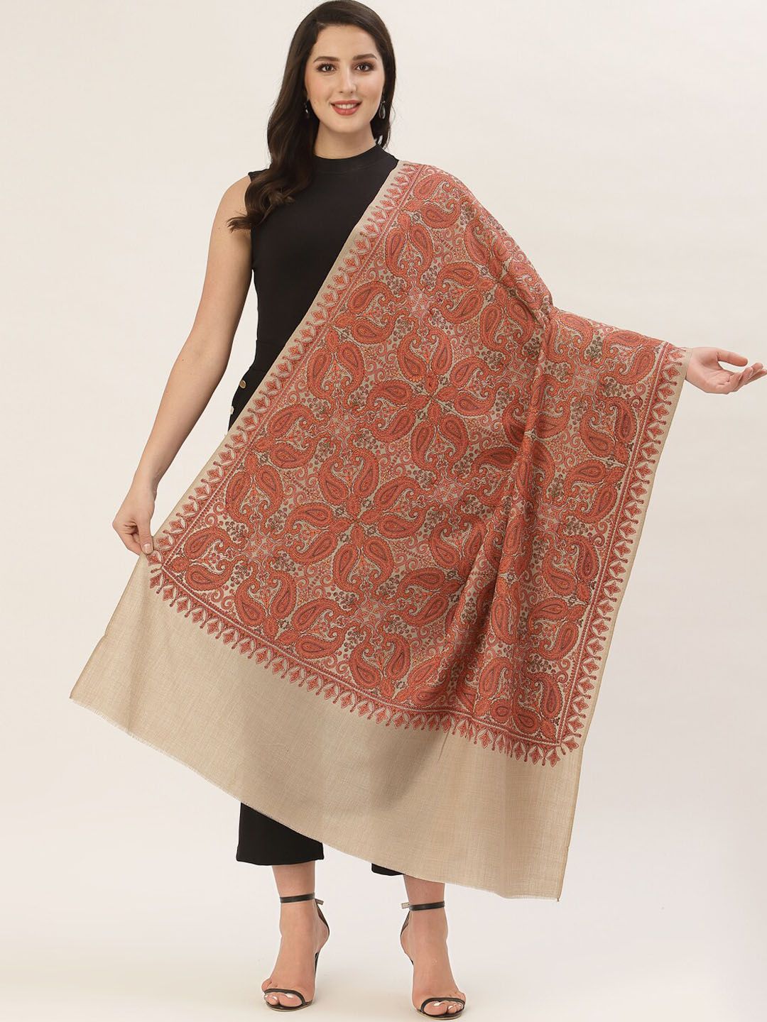 Pashtush Women Beige & Orange Embroidered Wool Shawl Price in India
