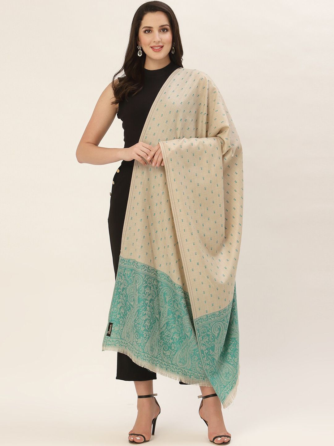 Pashtush Women Beige & Sea-Green Embroidered Woolen Shawl Price in India