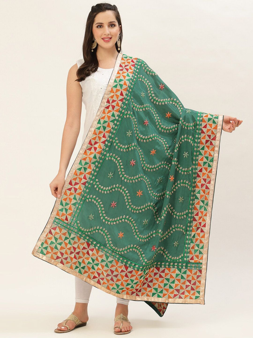 Pashtush Green & Orange Embroidered Viscose Rayon Dupatta Price in India