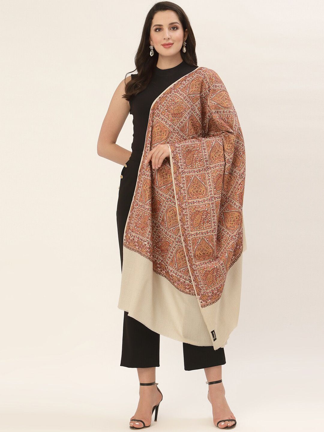 Pashtush Women Beige & Brown Printed Wool Shawl Price in India