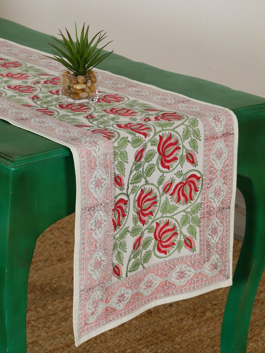 HANDICRAFT PALACE Pink & Green Floral Block Printed Table Runners Price in India