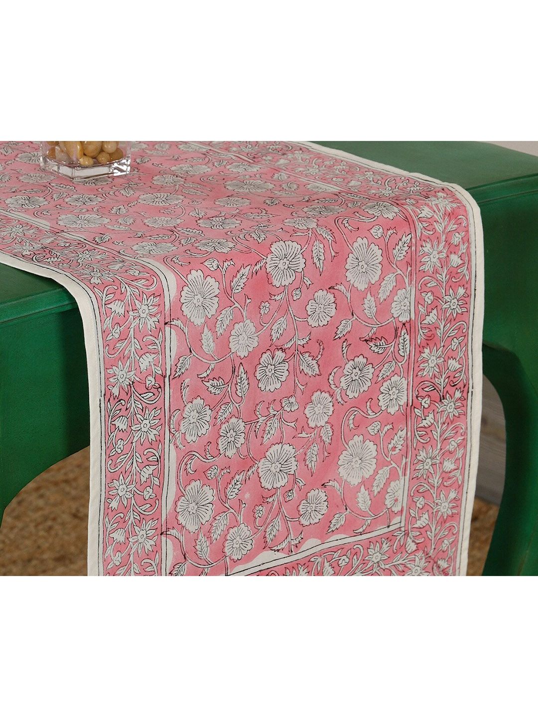 HANDICRAFT PALACE Pink Floral Block Printed Table Runner Price in India